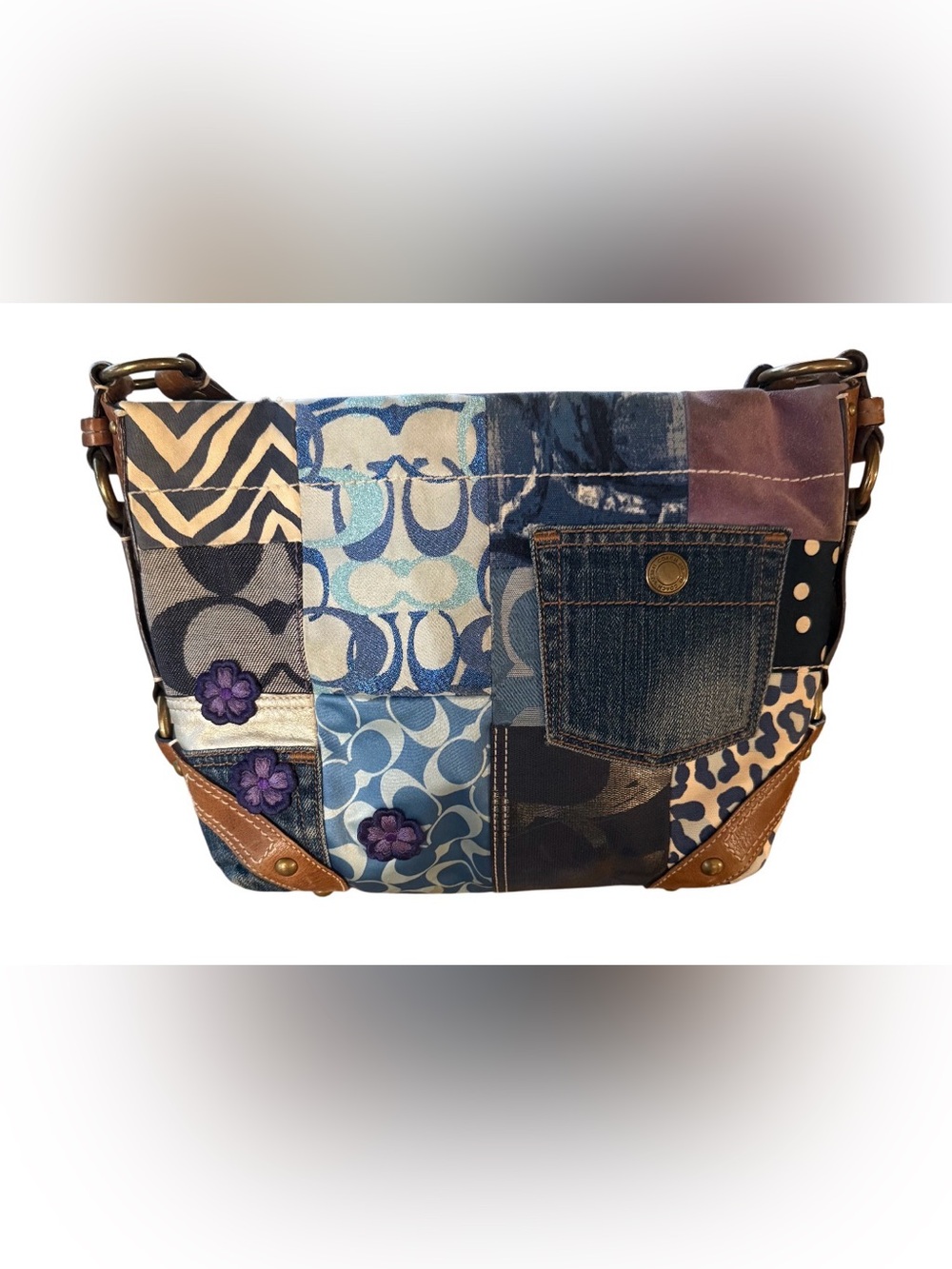 Coach 2007 Carly Denim Patchwork Shoulder Bag Hobo 10814 Y2K Embroidered Flower